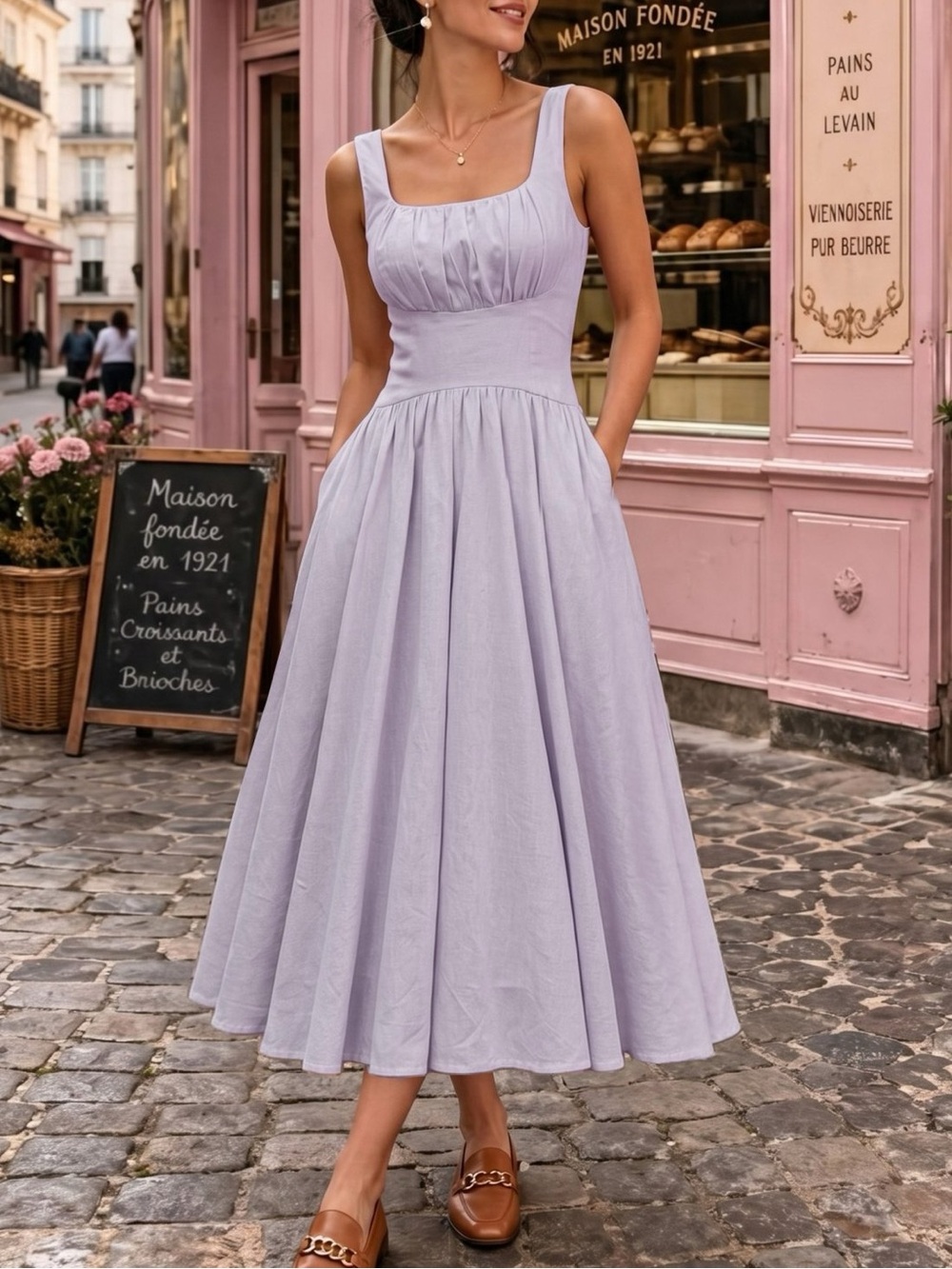 Chillinen Elegant Lavender Square-Neck Midi Dress